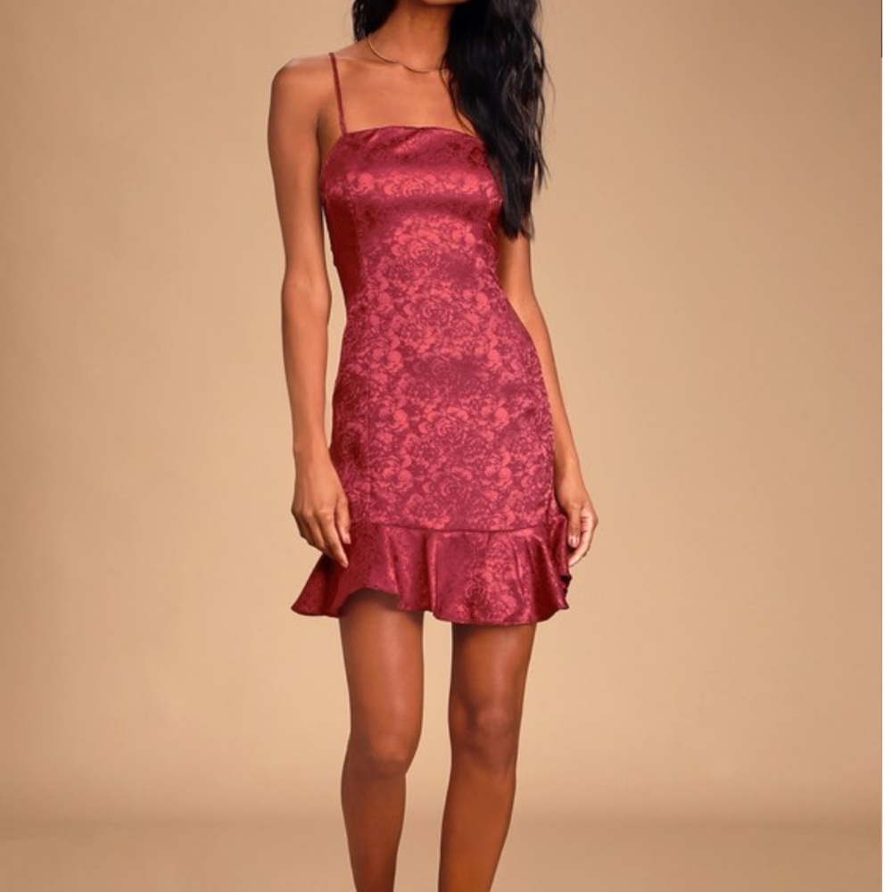 Lulus Kali Burgundy Floral Satin Mini Dress
